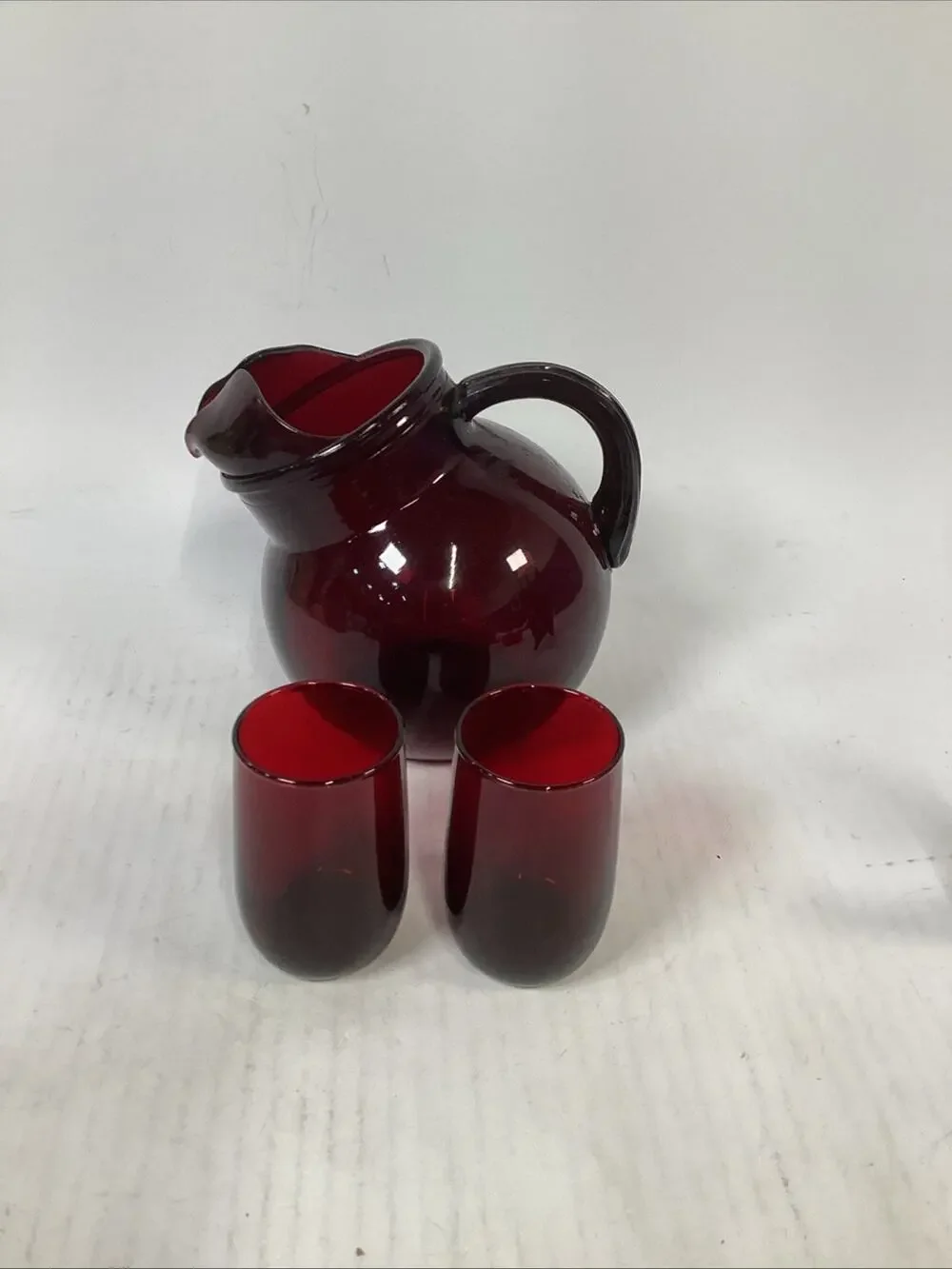 Vtg Anchor Hocking Royal Ruby Red Tilt Ball Pitcher w/Ice Lip & 2 Tumblers